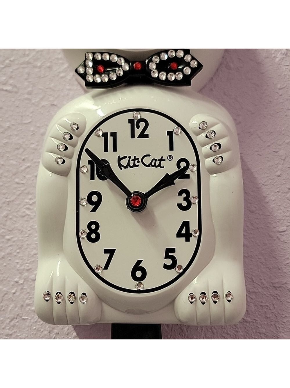 Jeweled White Kit-Cat Klock clock with black bow tie and tail - Picture 3 of 5